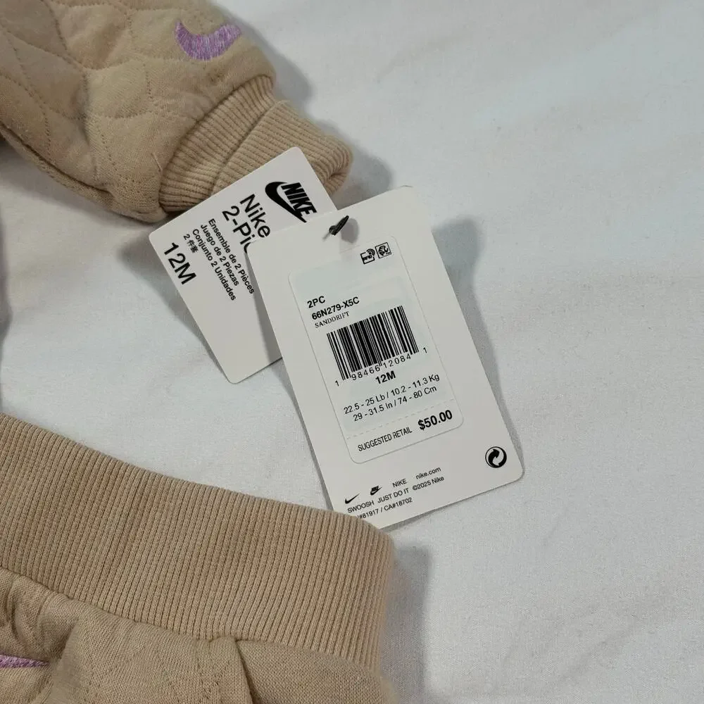 NWT Nike baby two piece sweat set beige and pink size 12M